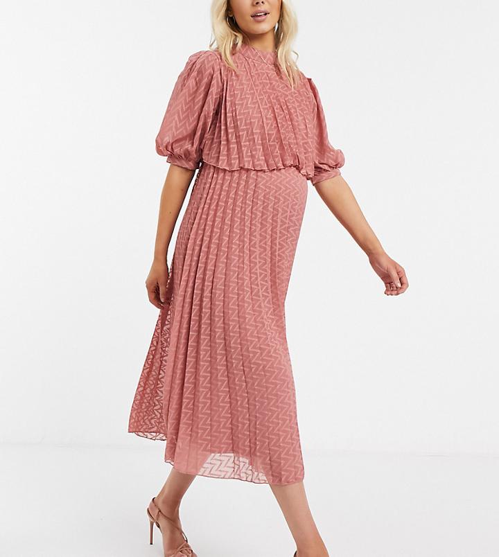 Asos Design Maternity High Neck Pleated Double Layer Midi Dress In Chevron Texture In Tea Rose-pink