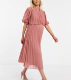 Asos Design Maternity High Neck Pleated Double Layer Midi Dress In Chevron Texture In Tea Rose-pink