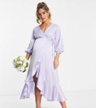Liquorish Maternity Bridesmaid Satin Wrap Midi Dress With Puff Sleeve In Lilac-blue