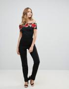Jessica Wright Bardot Jumpsuit With Embroidery Overlay - Black