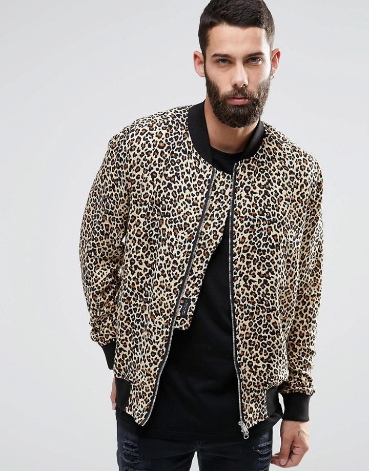 Religion Leopard Print Jersey Bomber Jacket - Brown Animal