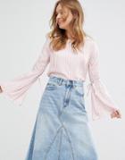 Pull & Bear Stripe Fluted Sleeve Top - Pink