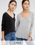 Asos The New Forever T-shirt With Long Sleeves And Dip Back 2 Pack - Multi