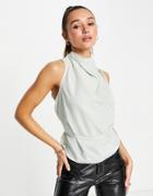 Asos Design Cowl Neck Sleeveless Blouse With Skinny Tie Waist Detail In Mint-green