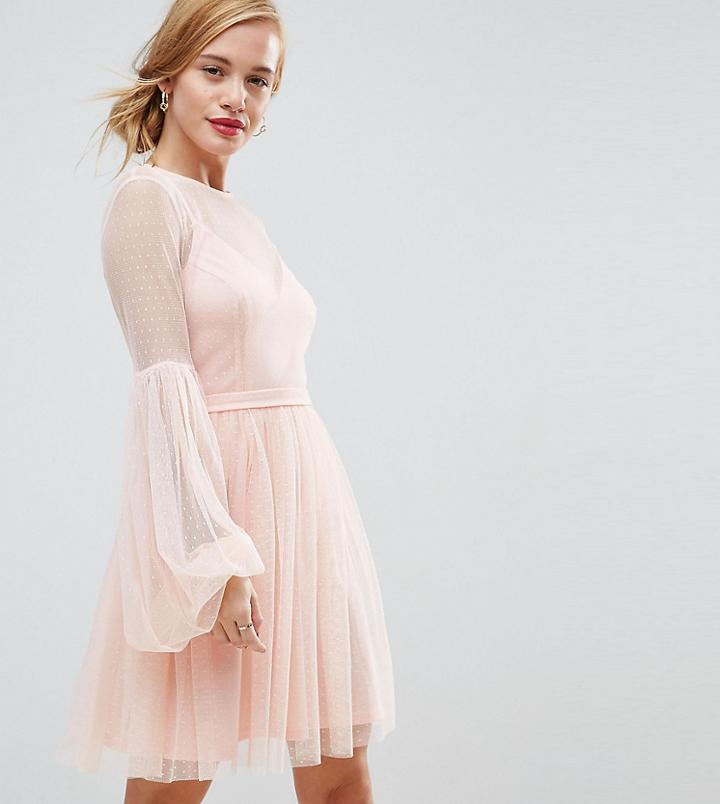 Asos Petite Dobby Mesh Balloon Sleeve Mini Dress With Trim - Pink