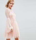 Asos Petite Dobby Mesh Balloon Sleeve Mini Dress With Trim - Pink