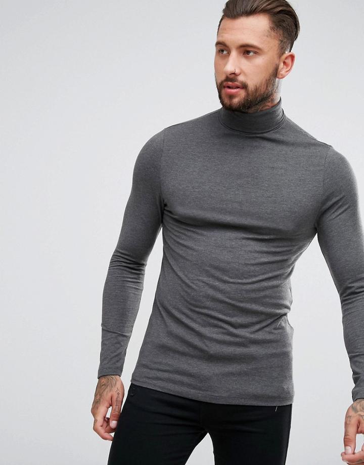 Asos Muscle Fit Long Sleeve Roll Neck T-shirt - Gray