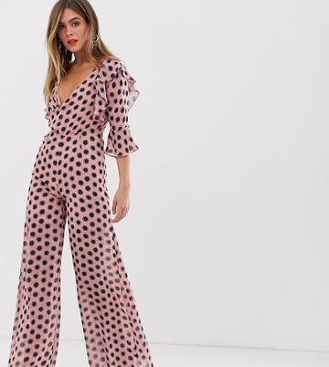 Dark Pink Plunge Front Jumpsuit In Pink Spot-multi