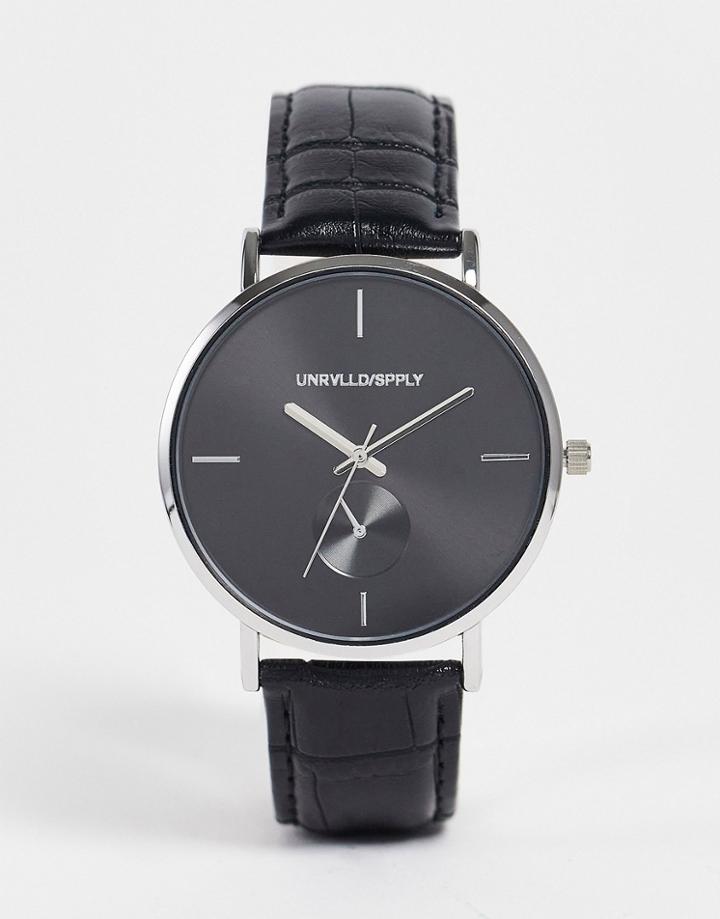 Asos Design Classic Watch With Black Face And Mock Croc Strap In Black