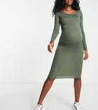 Flounce London Maternity Ribbed Long Sleeve Midi Dress In Khaki-black
