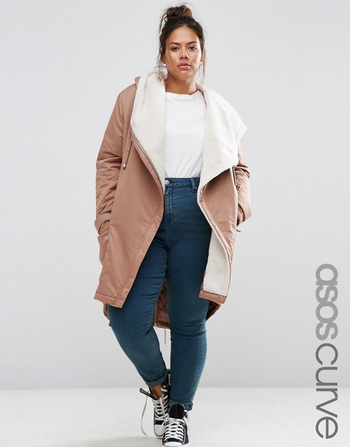 Asos Curve Waterfall Parka With Fleece Lining - Pink