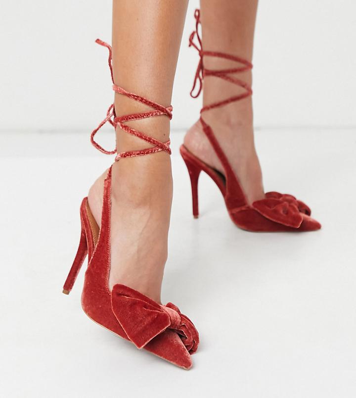 Asos Design Wide Fit Peony Tie Leg Bow High Heeled Shoes In Rust-orange