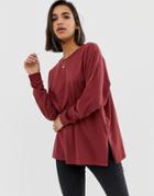 Asos Design Organic Cotton Long Sleeve Washed Oversized Long Sleeve Top In Burgundy - Red