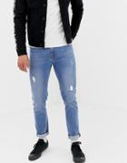 Asos Design Skinny Jeans In Light Wash Blue With Abrasions - Blue