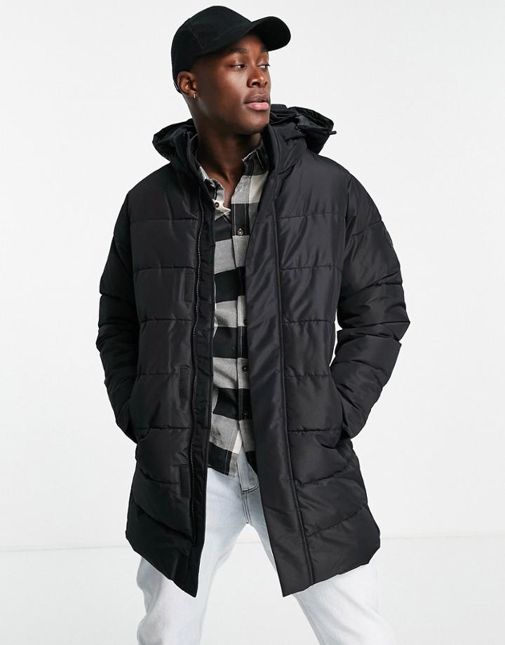 Only & Sons Waterproof Longline Puffer Coat With Hood In Black