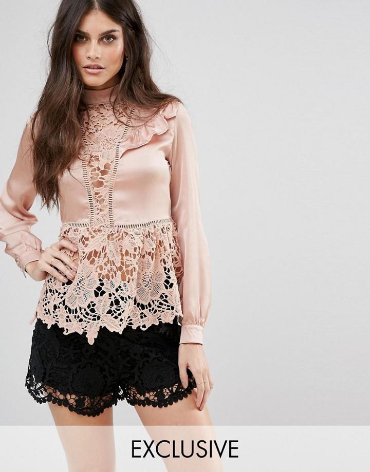 Naanaa Premium Lace Blouse With Pephem And Frills - Brown