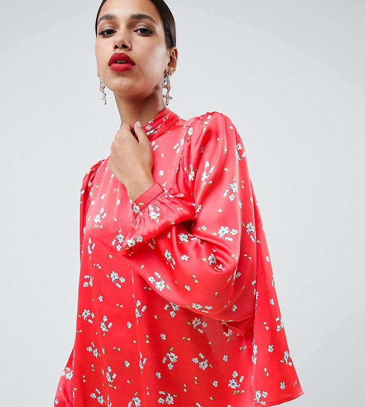 Asos Design Satin Blouse With High Neck And Open Back In Floral Print - Multi
