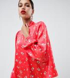 Asos Design Satin Blouse With High Neck And Open Back In Floral Print - Multi