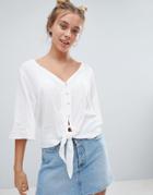 Bershka Button Down Knot Front Blouse In White - Gray