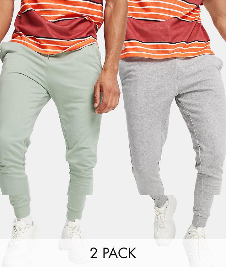 Asos Design 2-pack Organic Lightweight Skinny Joggers In Gray Heather & Green-multi