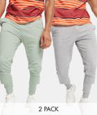 Asos Design 2-pack Organic Lightweight Skinny Joggers In Gray Heather & Green-multi