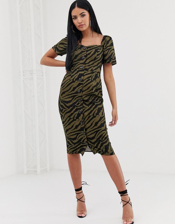 Asos Design Button Through Midi Dress With Sweetheart Neckline In Zebra Print - Multi