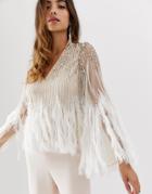 Asos Design Long Sleeve Embellished Top With Faux Feather Trim - Beige