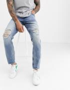 Asos Design Cone Mill Denim Slim 'american Classic' Jeans In Vintage Light Wash With Rips And Raw Hem