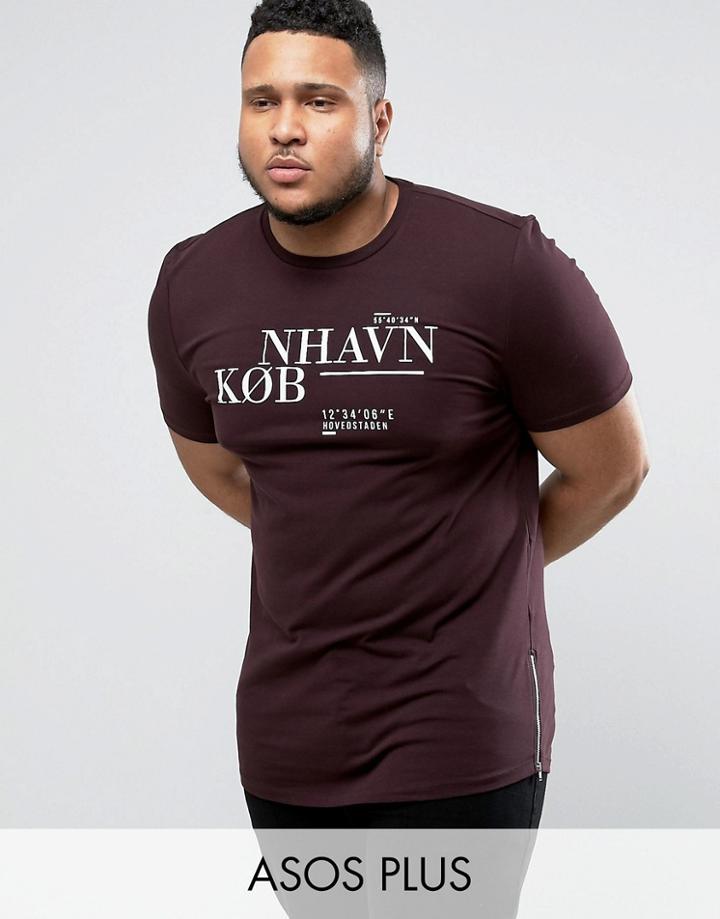 Asos Plus Longline Muscle T-shirt With Kobenhavn Back Print And Side Zips - Purple