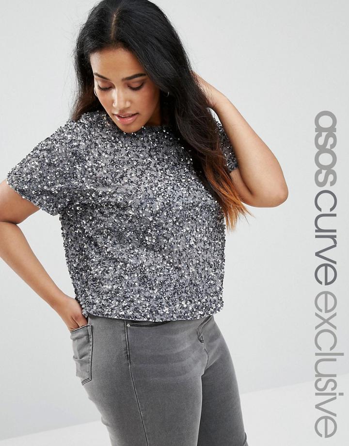 Asos Curve T-shirt In All Over Sequin - Gray