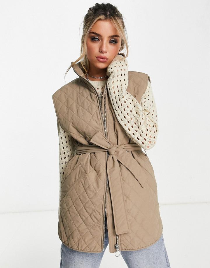 Object Quilted Vest With Tie Waist In Light Brown