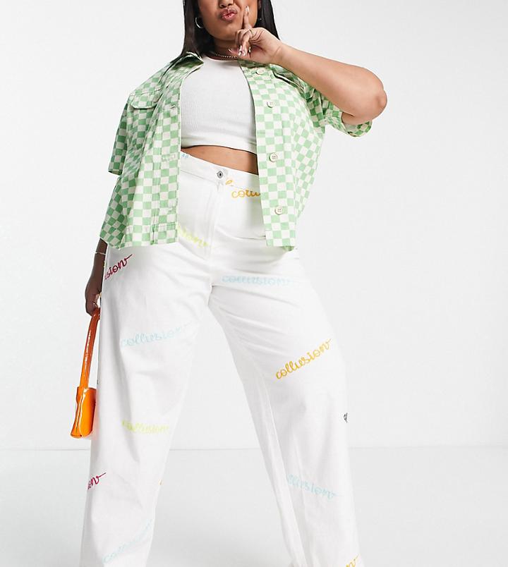 Collusion Plus 90s Straight Leg Pants With Branded Embroidery In White - Part Of A Set