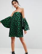 Asos Extreme Ruffle Sleeve Animal Jacquard Mini Dress - Green