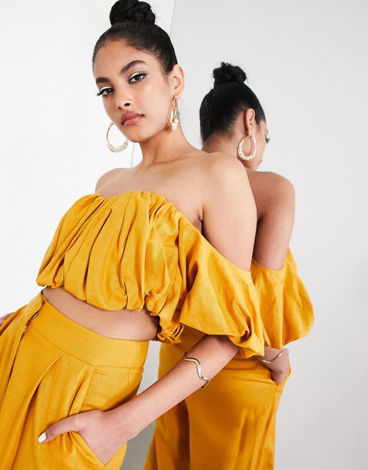 Asos Edition Puffball Off Shoulder Top In Mustard - Part Of A Set-yellow