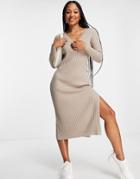 Asos Design Ribbed Knit Dress With V Neck In Taupe-neutral