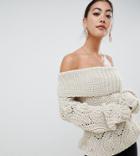 Boohoo Petite Bardot Knitted Sweater In Oatmeal - Beige
