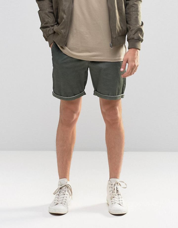 Asos Slim Chino Shorts In Green With Oil Wash - Stone