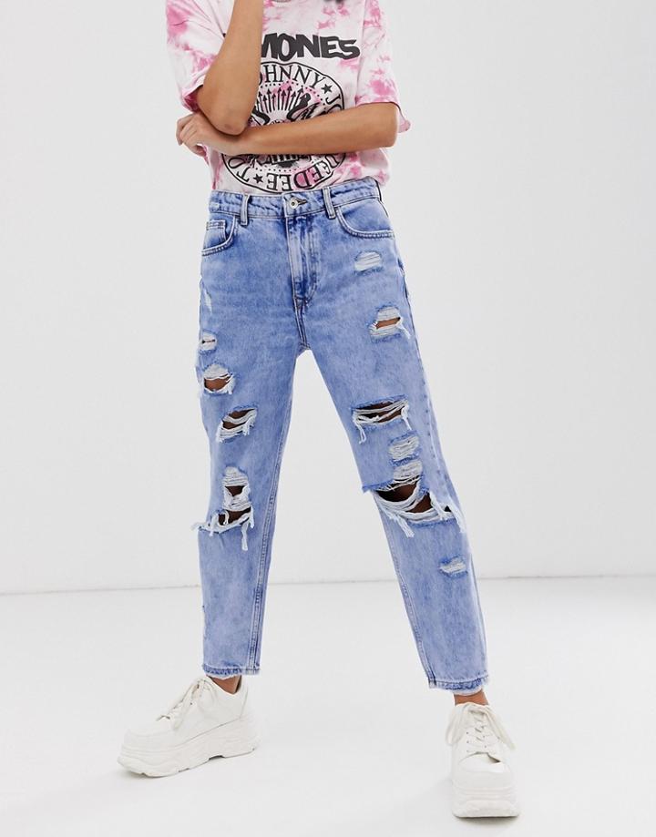 Bershka Super Ripped Mom Jeans In Blue