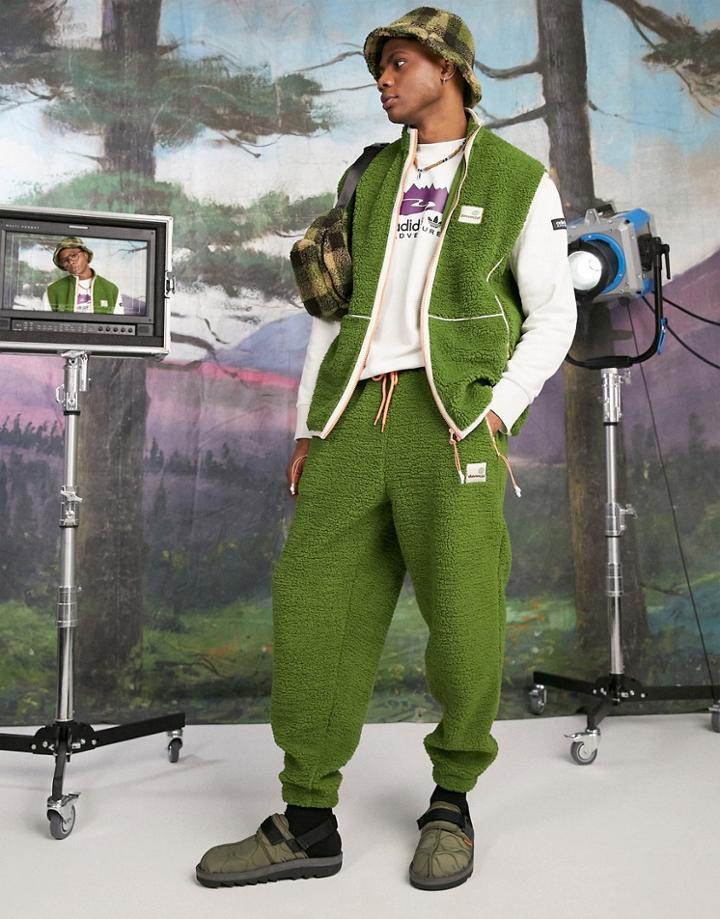 Asos Daysocial Oversized Sweatpants In Borg With Logo Patch In Dark Green - Part Of A Set