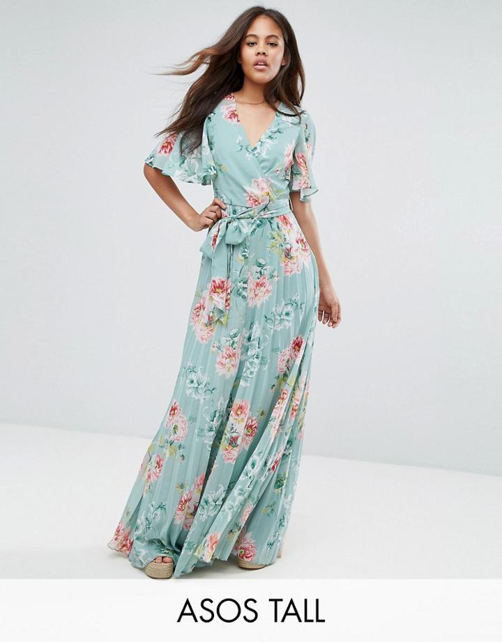 Asos Tall Pleated Maxi Dress In Floral Print - Multi