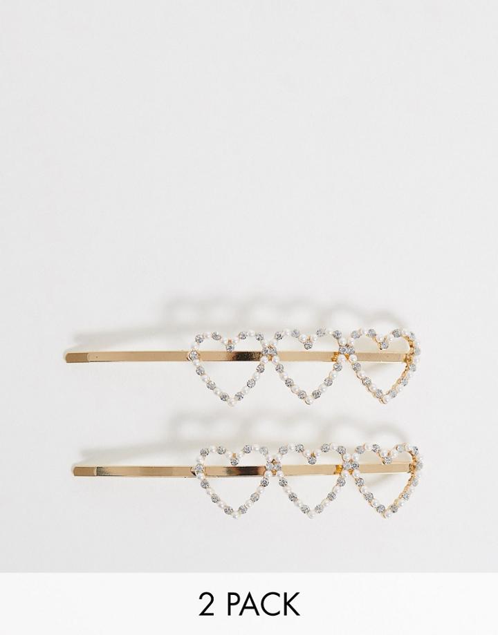 Asos Design Pack Of 2 Hair Clips With Cut Out Pearl And Crystal Hearts In Gold Tone - Gold
