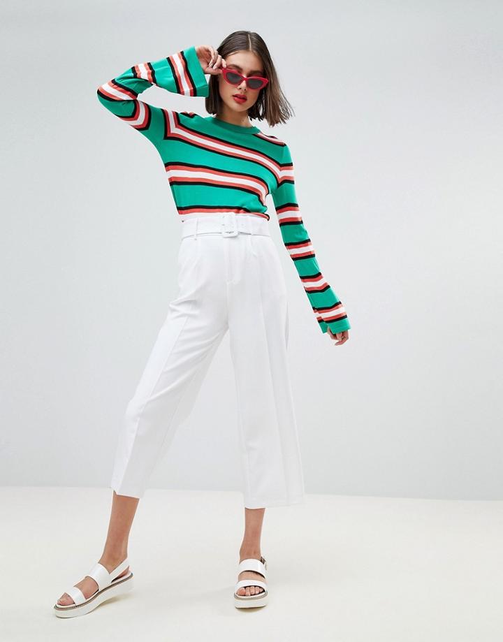 Stradivarius Tie Waist White Pants Plain - White