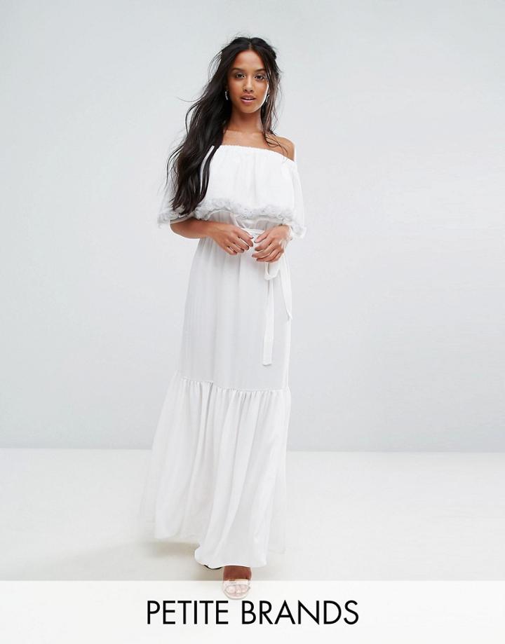 John Zack Petite Off Shoulder High Low Maxi Dress With 3d Rose Applique Detail - White