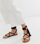 Asos Design Wide Fit Fields Embellished Tie Leg Flat Sandals-black