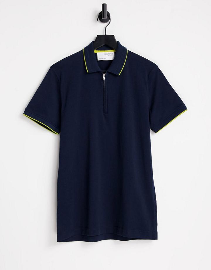Selected Homme Organic Cotton Blend 1/4 Zip Polo With Tipping In Navy