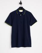 Selected Homme Organic Cotton Blend 1/4 Zip Polo With Tipping In Navy