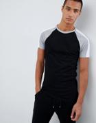 Asos Design Muscle T-shirt With Contrast Split Sleeves In Black And Curved Hem - Black
