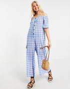 Asos Design Off Shoulder Button Front Textured Jumpsuit In Blue Gingham-multi