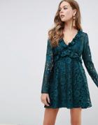 Asos Design Lace V Neck Mini Smock Dress With Long Sleeves-green