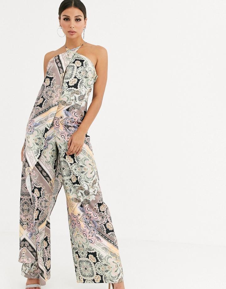 Asos Design Cross Front Jumpsuit With Drape In Scarf Print - Multi